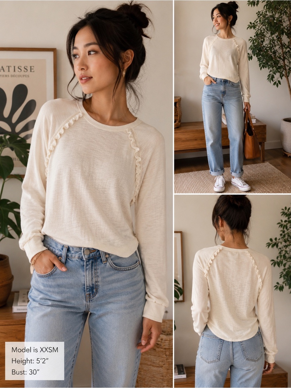 Pilcro Cream Ruffle Raglan Thermal Knit Top, size XXSP
